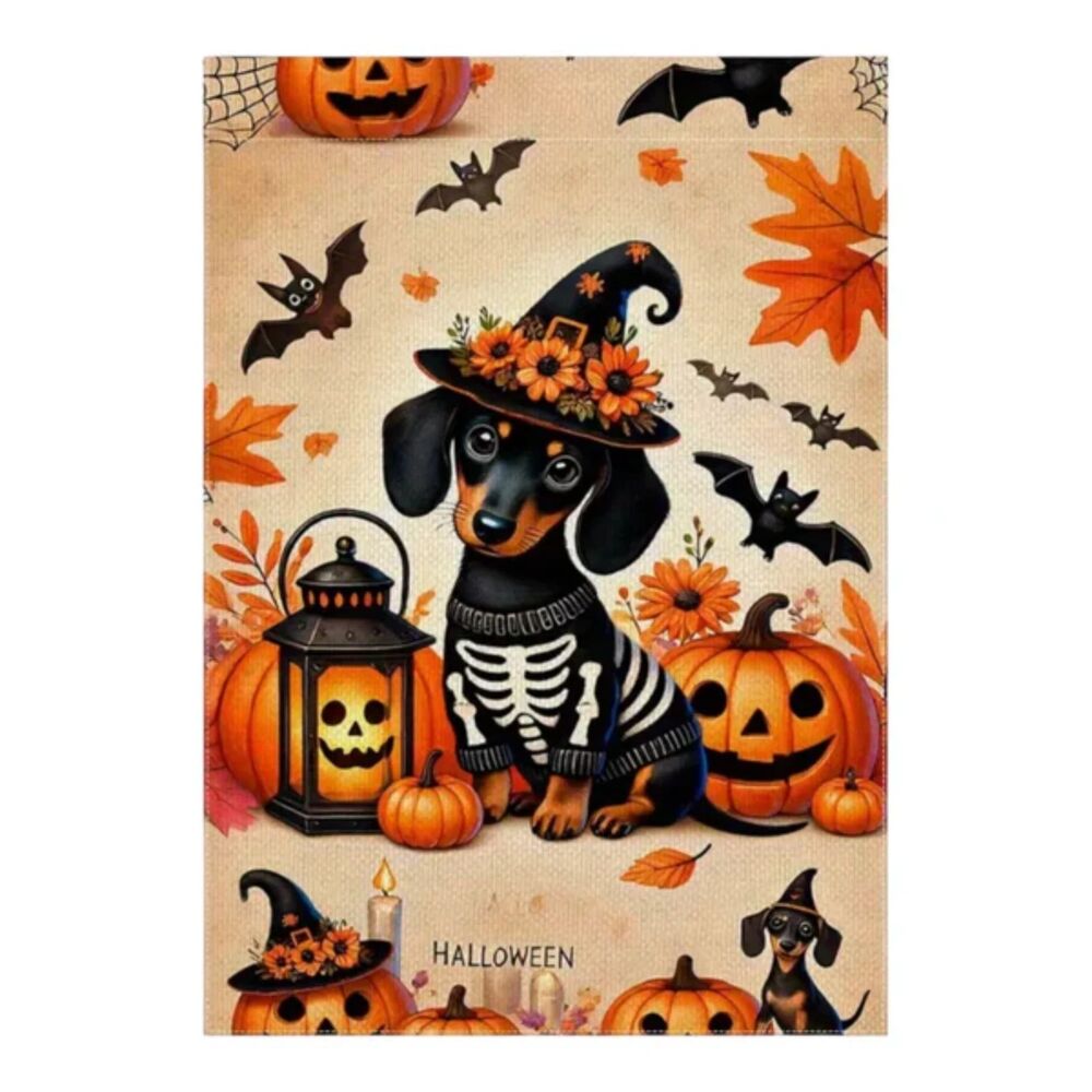 Halloween Dachshund Garden Flag – 12x8 – Skeleton Costume with Pumpkins & Bats - Picture 3 of 3
